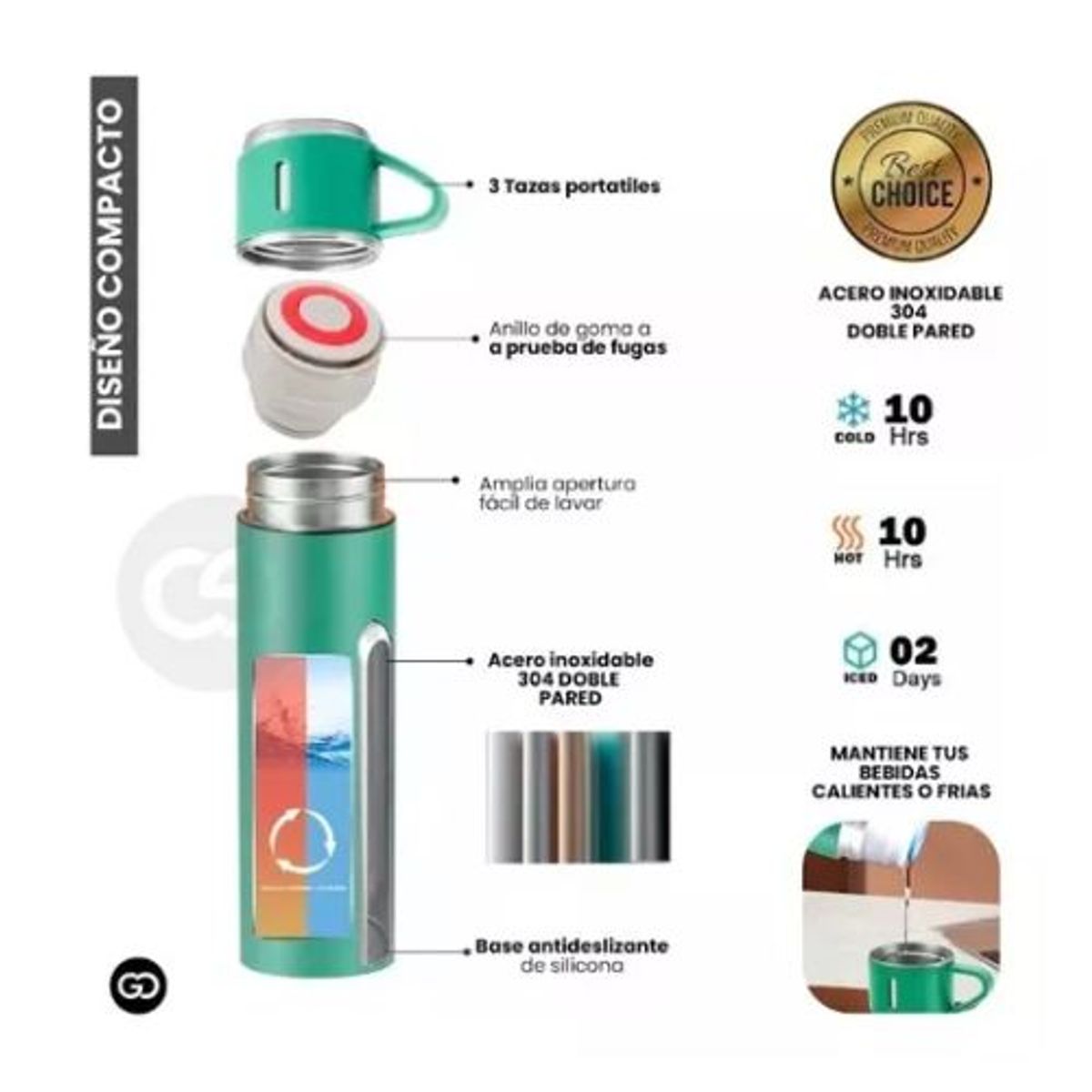 AFM - Termo 500ml Acero Inoxidable Térmico +3 Tazas Estuche Regalo