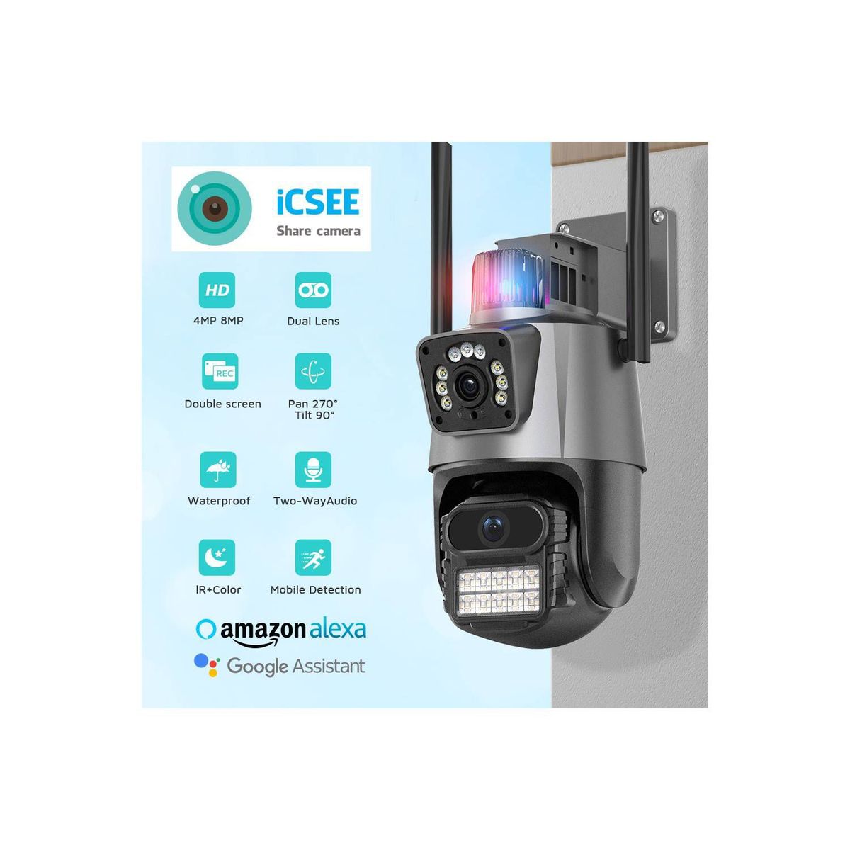 AWEI - Cámara De Seguridad Exterior Doble Lente Con Alarma
