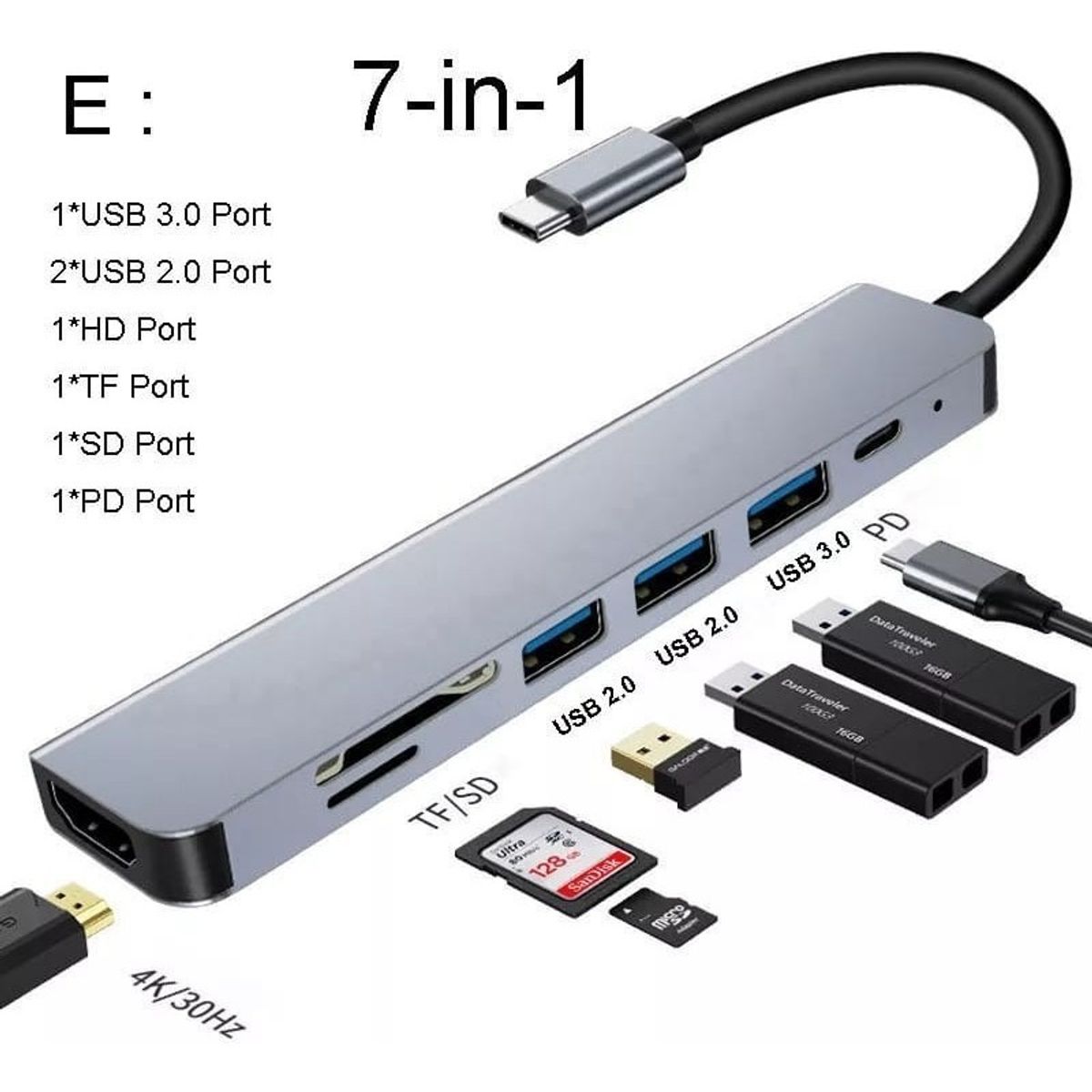 GENERICO - Adaptador Hub Tipo C 4k HDMI USB 30 PD TF SD 7 en 1 PC