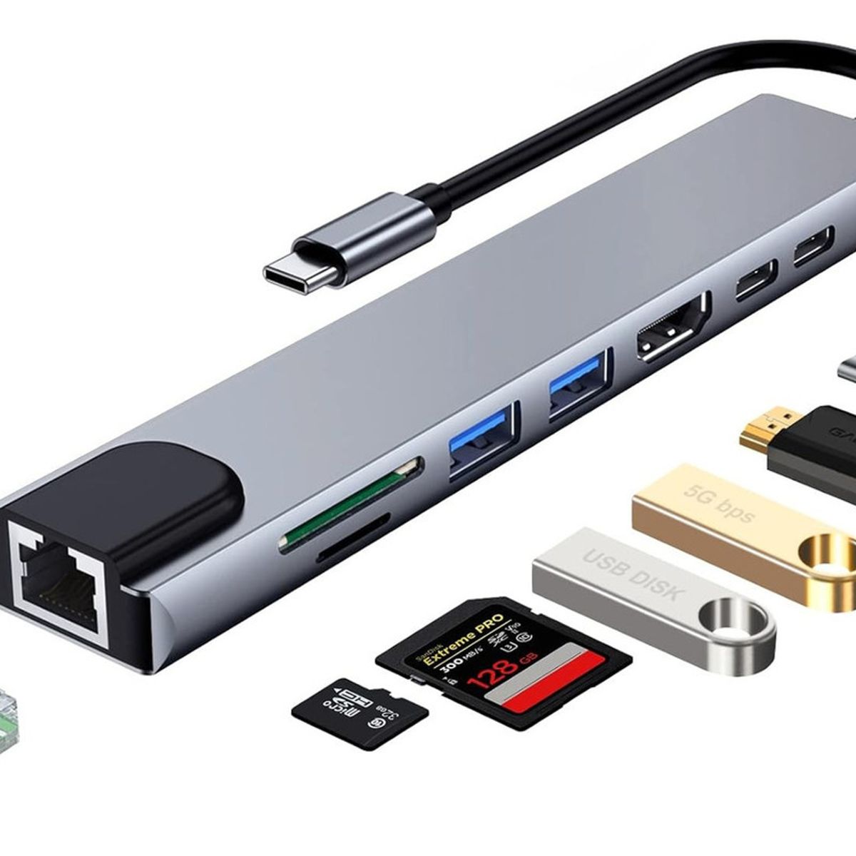 GENERICO - Adaptador Multipuertos Usb Tipo C Dock Hub Hdmi Lan 8 En 1
