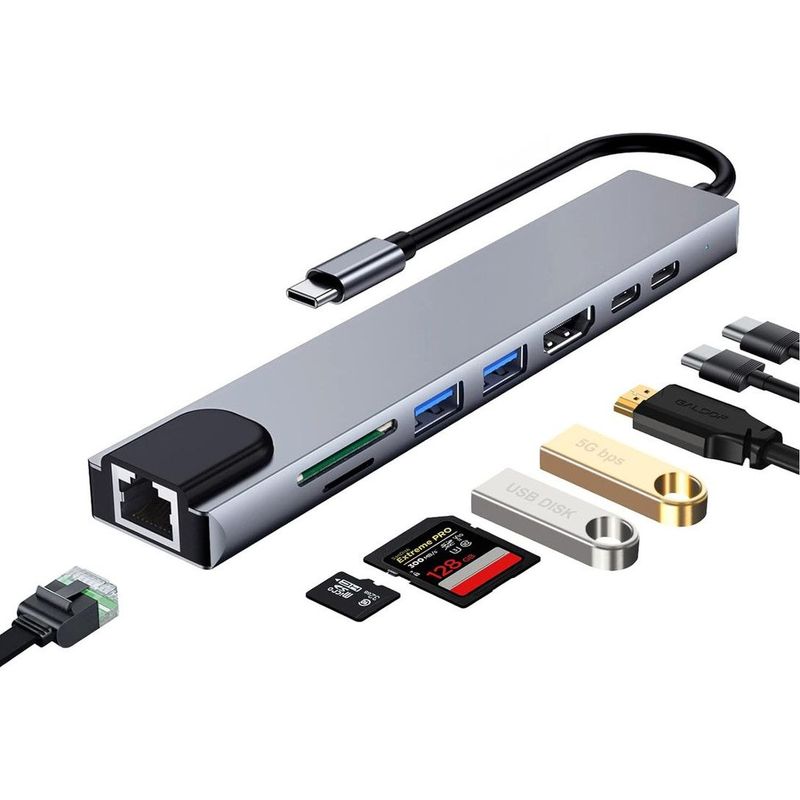 GENERICO - Adaptador Multipuertos Usb Tipo C Dock Hub Hdmi Lan 8 En 1