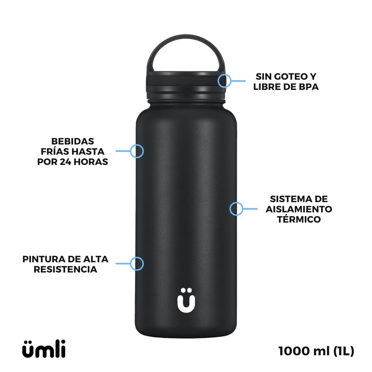 UMLI - Termo Botella Térmica Botilito Agua Acero Inoxidable 1L - Ümli