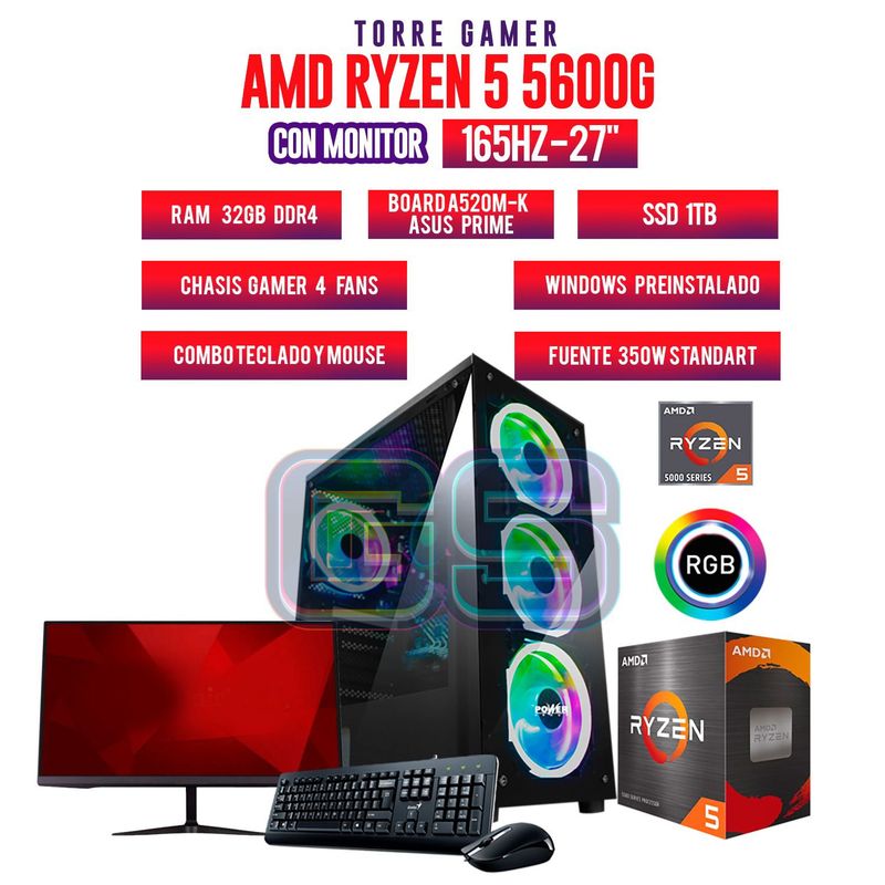 AMD - TORRE GAMER RYZEN 7 5700G 32GB RAM 1TB SSDBOARD A520M-K MONITOR 27 FHD165Hz
