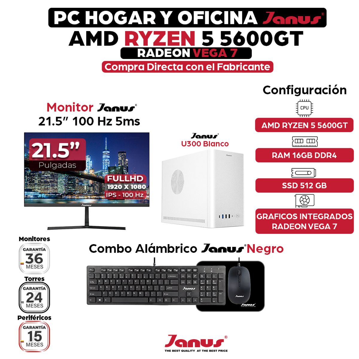 JANUS - COMPUTADOR Janus AMD RyZEN 5 5600G/ RAM 16GB/ SSD 512GB M.2 +Monitor 22 Pulgadas