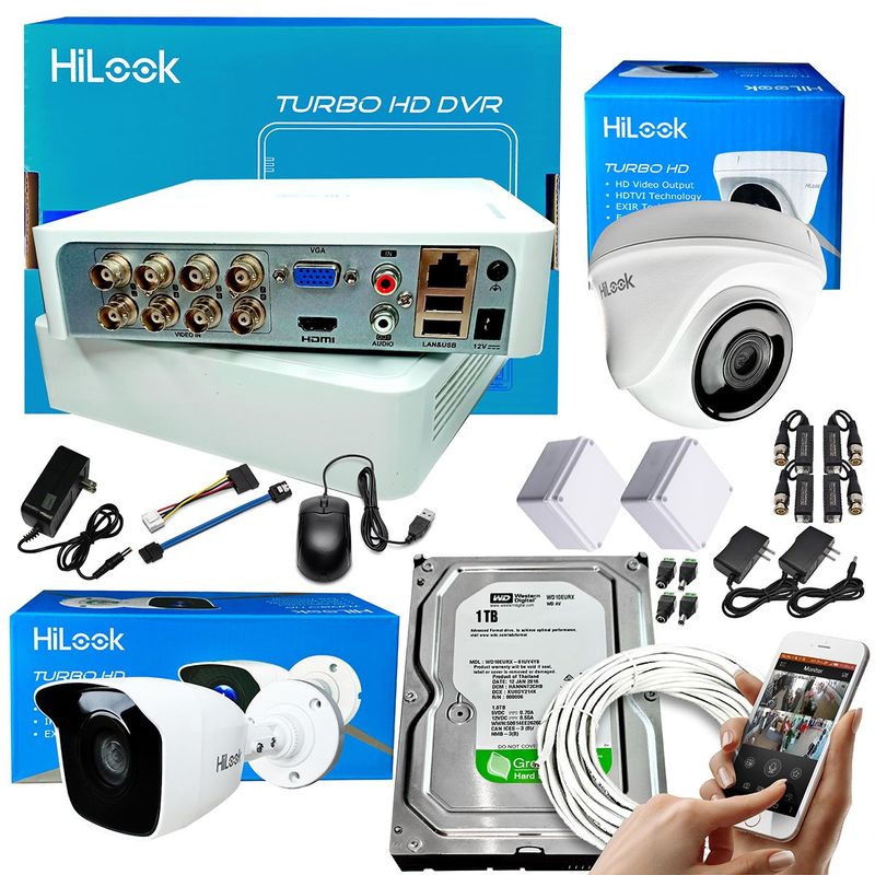 HILOOK - CAMARAS DE SEGURIDAD KIT DVR 4 CH 1080P + 2 CAMARAS CCTV + DISCO 1 TB + 30 M