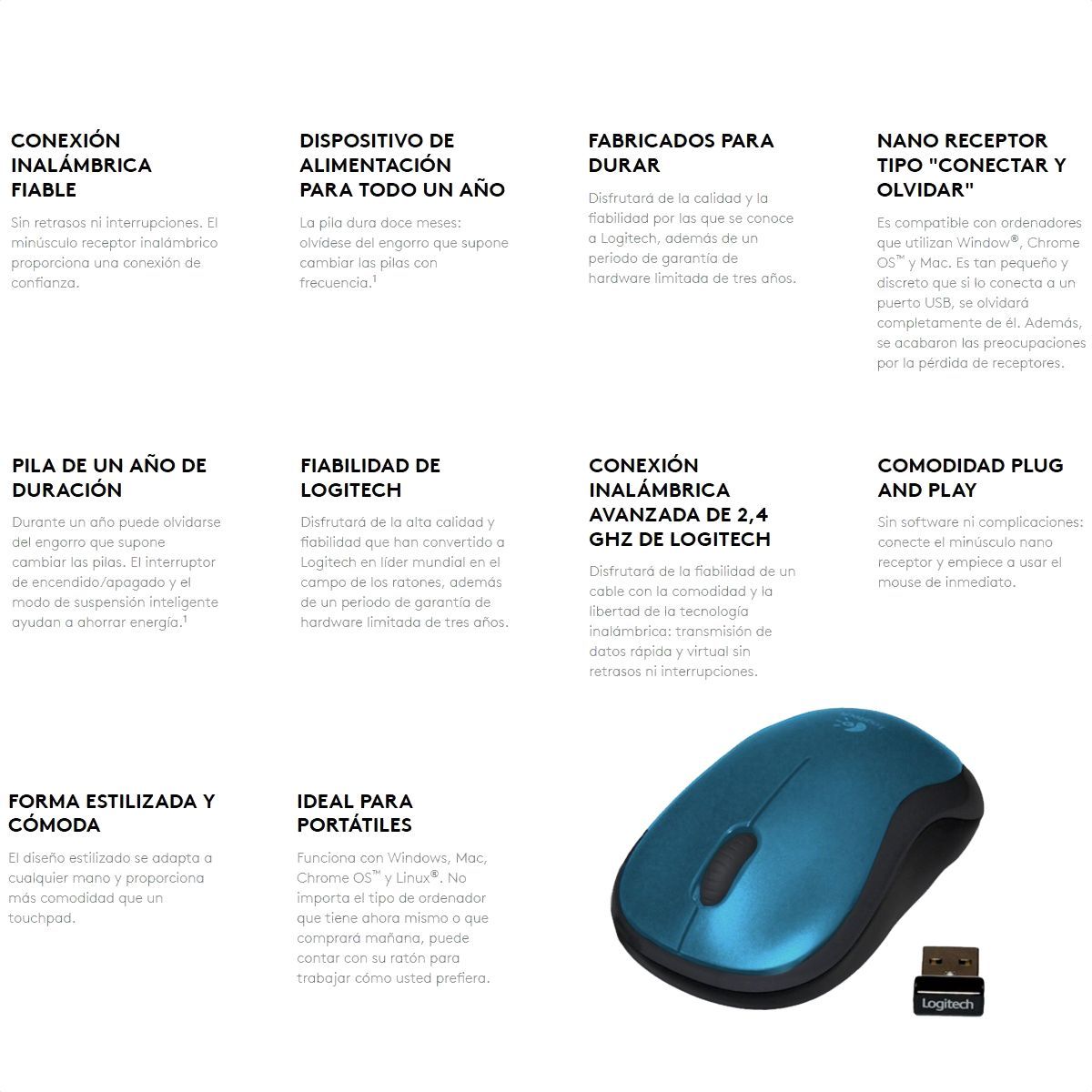 LOGITECH - Mouse Óptico Inalámbrico USB Logitech M185 · Win Mac Linux - AZUL