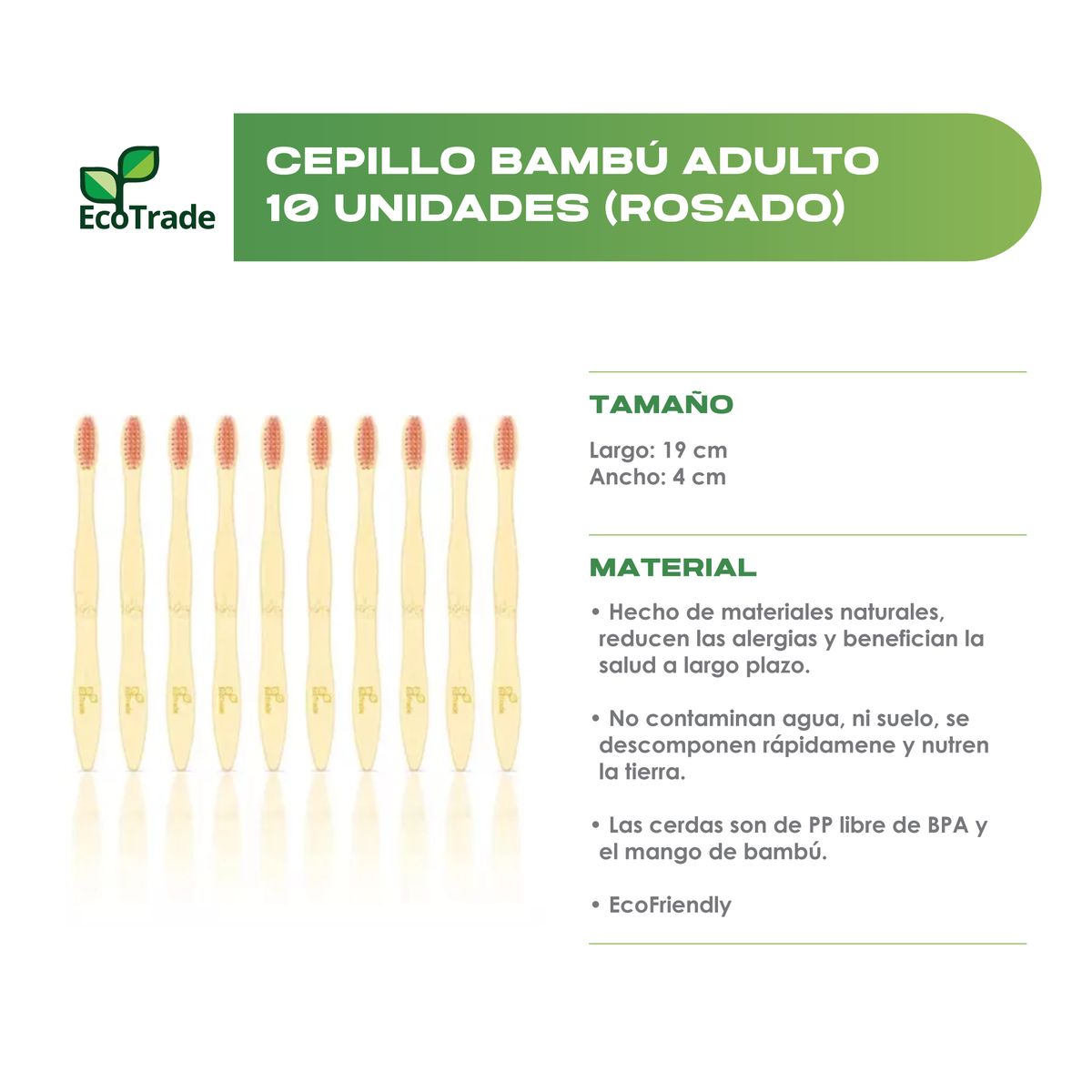 ECOTRADE - Cepillo de Dientes en Bambu Adulto Rosado 10 Unidades Ecotrade