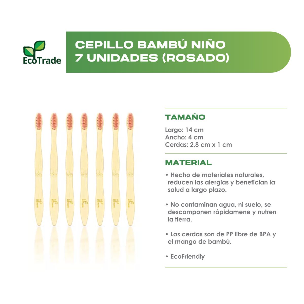 ECOTRADE - Cepillo de Dientes en Bambu Niño Rosado 7 Unidades Ecotrade