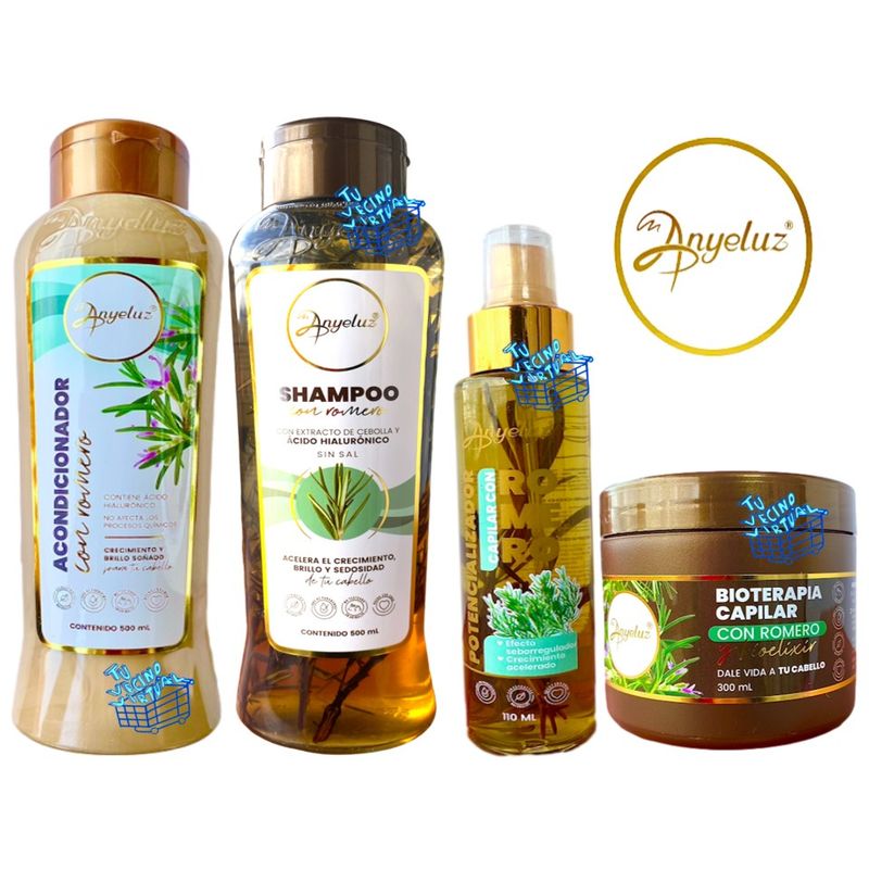 ANYELUZ - Kit x 4 shampoo, acondicionador, potencializador capilar y bioterapia capilar romero - Anyeluz