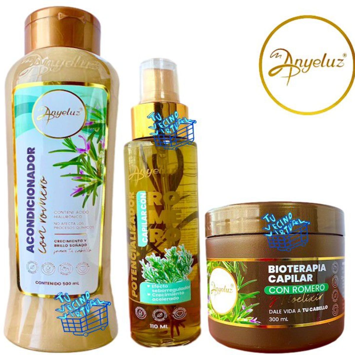 ANYELUZ - Kit x 3 acondicionador, potencializador capilar y bioterapia capilar de romero - Anyeluz