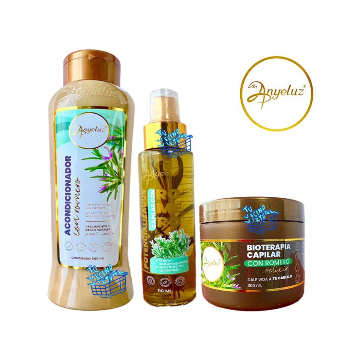 ANYELUZ - Kit x 3 acondicionador, potencializador capilar y bioterapia capilar de romero - Anyeluz