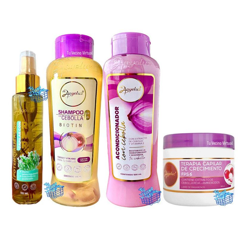 ANYELUZ - Kit x 4 shampoo, acondicionador, terapia capilar de crecimiento cebolla y potencializador capilar romero - Anyeluz