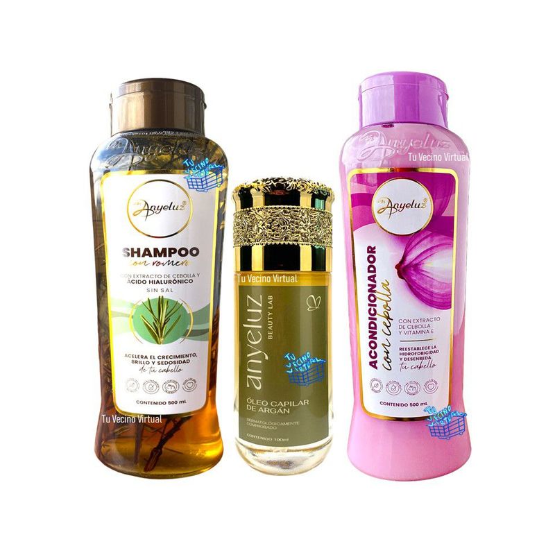 ANYELUZ - Kit x 3 Shampoo romero, acondicionador cebolla y oleo capilar de argan - Anyeluz