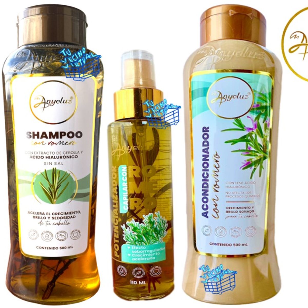ANYELUZ - Kit x 3 shampoo, acondicionador y potencializador capilar romero - Anyeluz