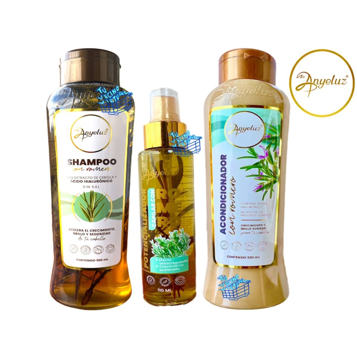 ANYELUZ - Kit x 3 shampoo, acondicionador y potencializador capilar romero - Anyeluz