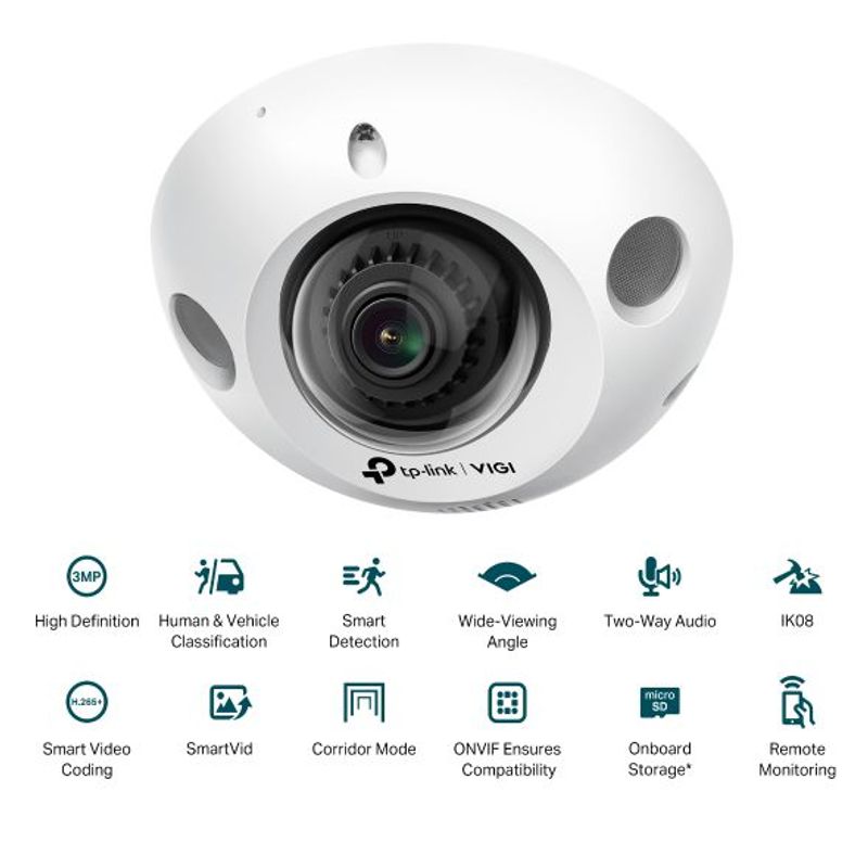 TP LINK - Camara de vigilancia IP VIGI Mini Domo de 3MP Lente 2.8 Micrófono Ranura microsd