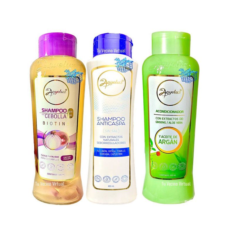ANYELUZ - Kit x 3 shampoo cebolla, shampoo anticaspa y acondicionador aloe vera - Anyeluz