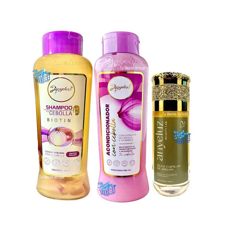 ANYELUZ - Kit x 3 Shampoo acondicionador cebolla y oleo capilar de argan - Anyeluz