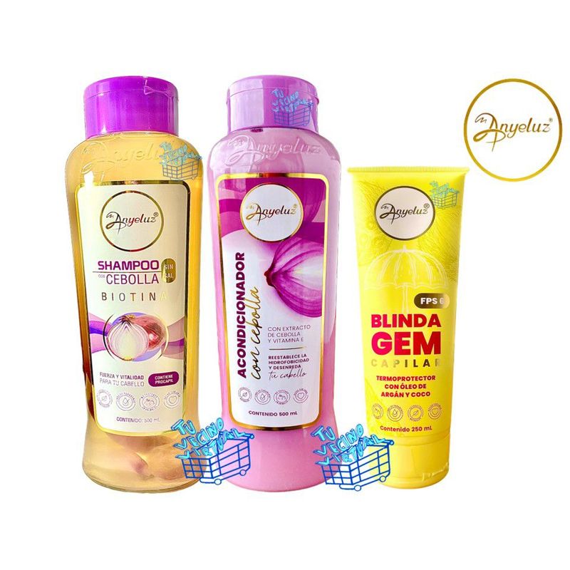 ANYELUZ - Kit x 3 Shampoo, acondicionador cebolla y termoprotector blindagem - Anyeluz