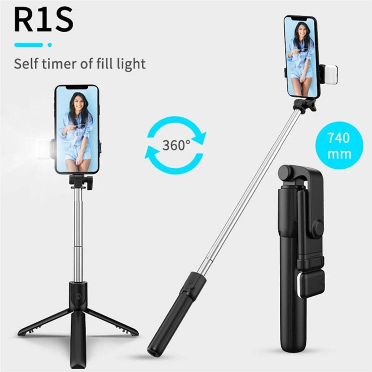 GENERICO - Palo de Selfie inalámbrico con Bluetooth luz de relleno LED R1S