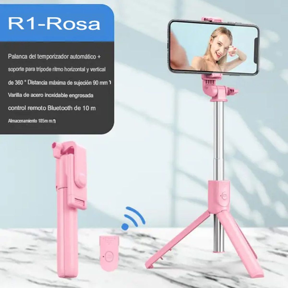 GENERICO - Palo Selfie inalámbrico con Bluetooth luz de relleno LED R1S Rosa