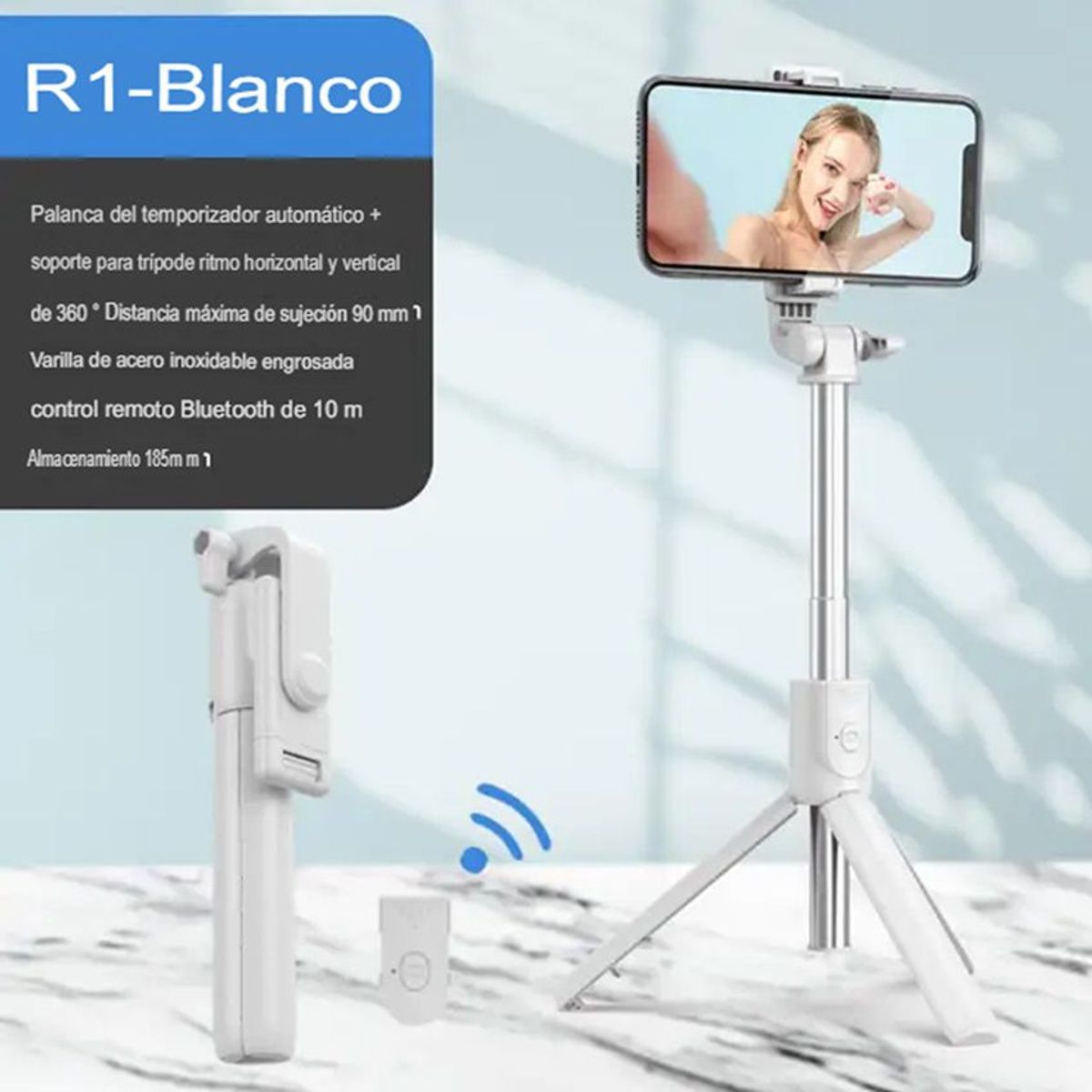GENERICO - Palo Selfie inalámbrico con Bluetooth luz de relleno LED R1S Blanco