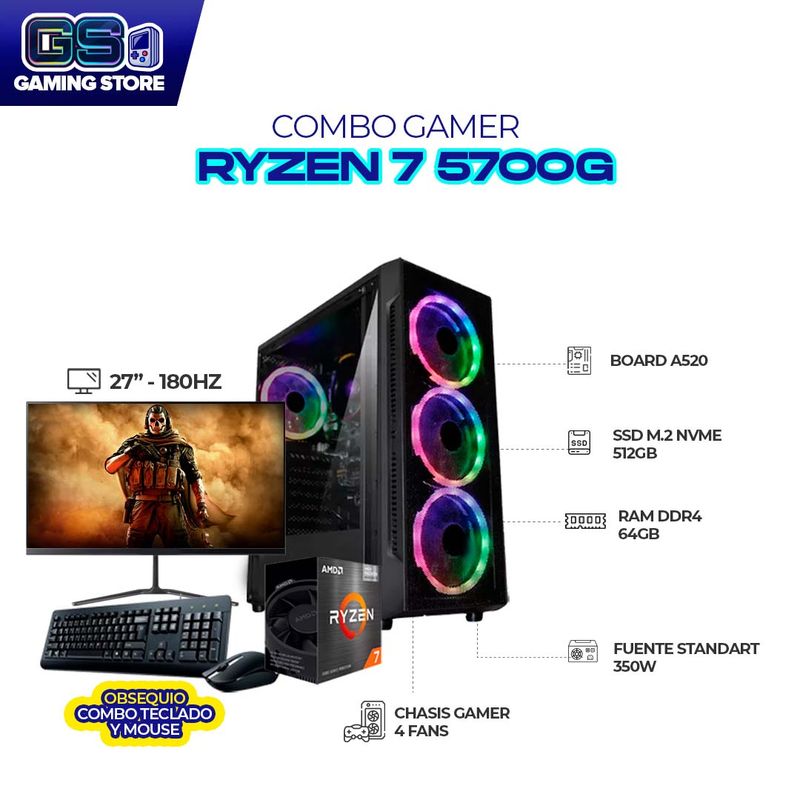 AMD - Pc Gamer Ryzen 7 5700G/ 64GB/ SSD 512GB/ Board A520/ MONITOR 27" 180HZ