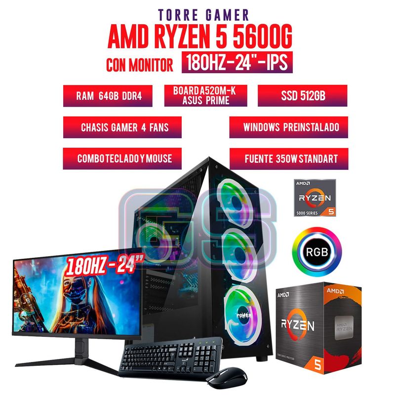 AMD - PC GAMER RYZEN 5 5600G/ RAM 64GB/ SSD 512GB/ BOARD A520/ MONITOR ACER 24" 180HZ