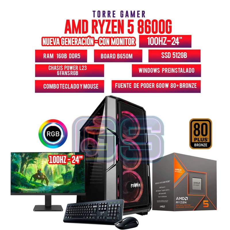 AMD - TORRE GAMER RYZEN 5 8600G 16GB RAM 1TB SSD B650CHASIS 4FAN MONITOR 22 100HZ