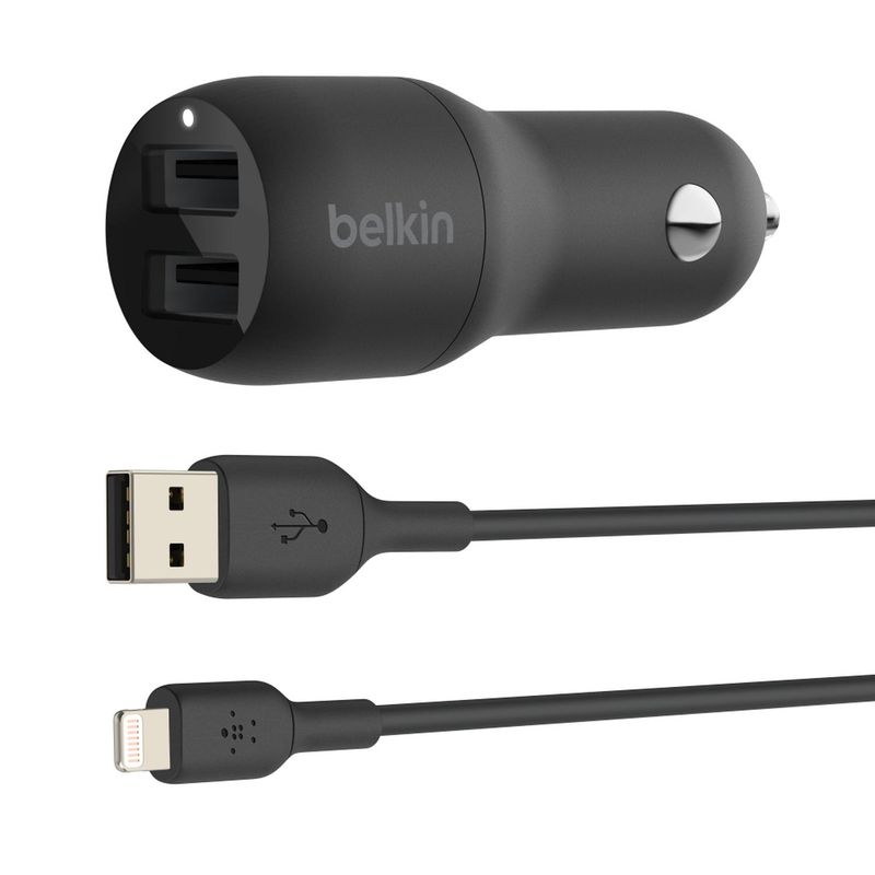 BELKIN - Belkin Cargador Carro 24w - USB-A 12w x 2 + Cable USB-A a Lightning - Negro