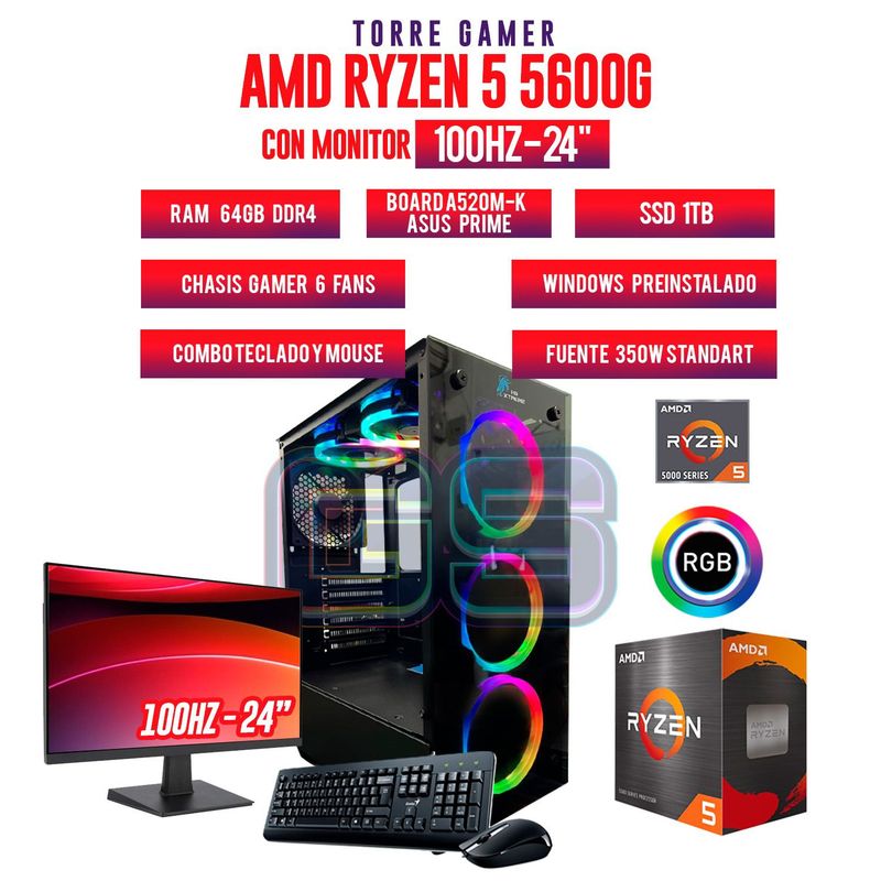 AMD - PC GAMER RYZEN 5 5600G/ 64GB RAM/ 512GB SSD/ CHASIS 6 FANS RGB/ MONITOR 24 FHD