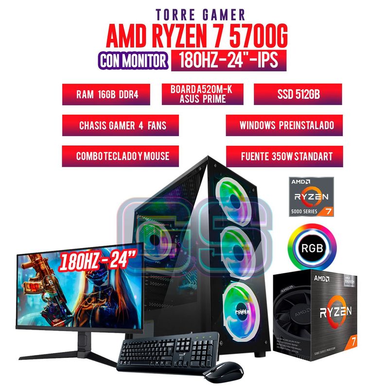 AMD - PC GAMER RYZEN 7 5700G/ 16GB RAM/ SSD 512GB/ MONITOR 24" 180HZ FHD