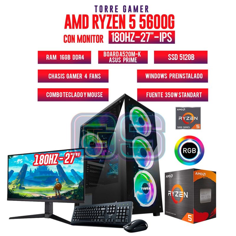 AMD - PC GAMER RYZEN 5 5600G/ RAM 16GB/ SSD 512GB/ MONITOR ASUS TUF 27 FHD IPS 180HZ