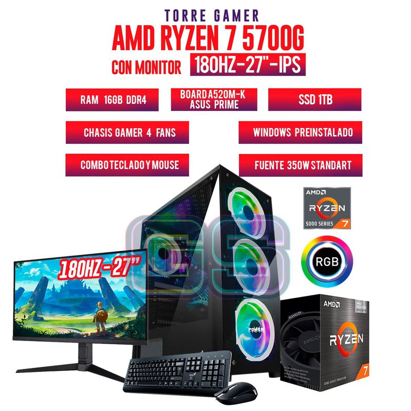 AMD - Pc GAMER Ryzen 7 5700G RAM 16GB SSD 1TB + MONITOR  27" IPS 180Hz FHD 1MS