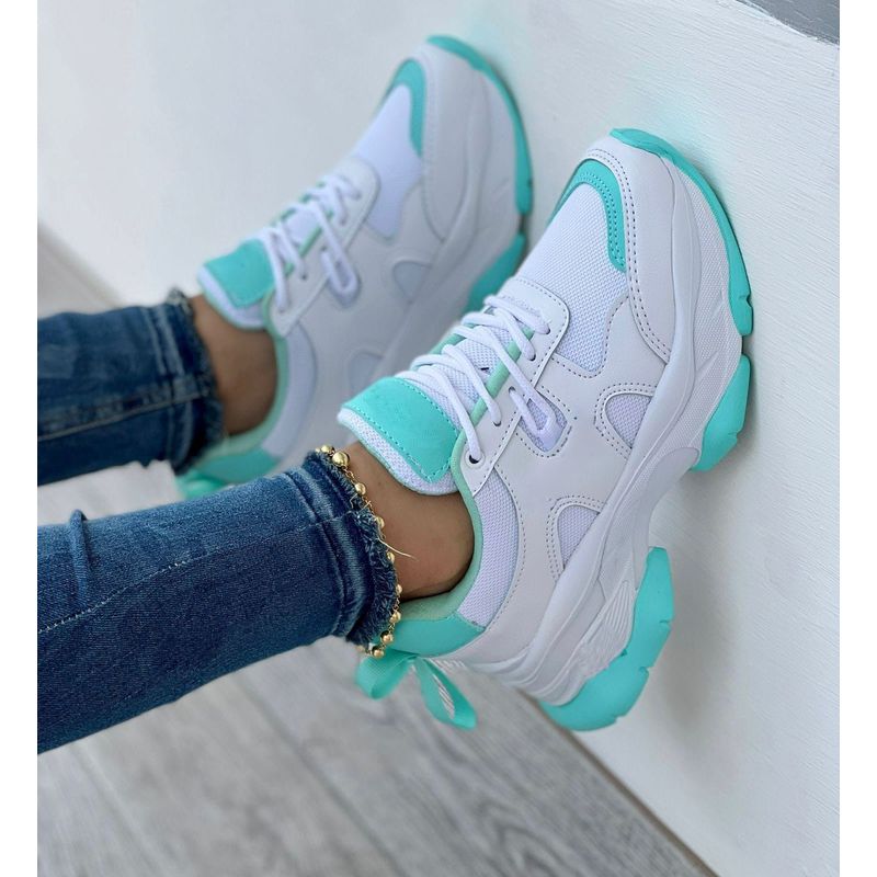 GENERICO - Tenis Blanco Turquesa Dama Zapatillas Zapatos Mujer Lindos Moda Casual_.
