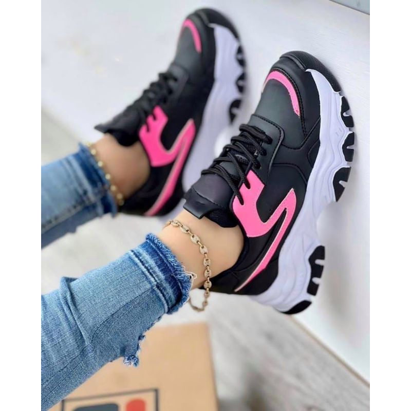 GENERICO - Tenis Negro Rosa Dama Zapatillas Zapatos Mujer Lindos Moda Casual