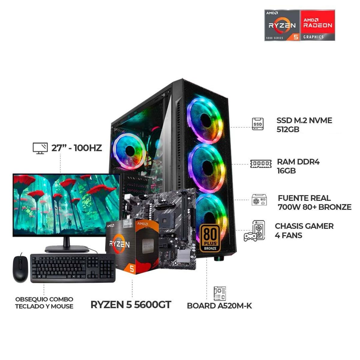 AMD - PC GAMER R5 5600G 16GB RAM SSD 512GB  MONITOR 27" 100Hz FHD - 700W 80+ Brz + Combo teclado Mouse