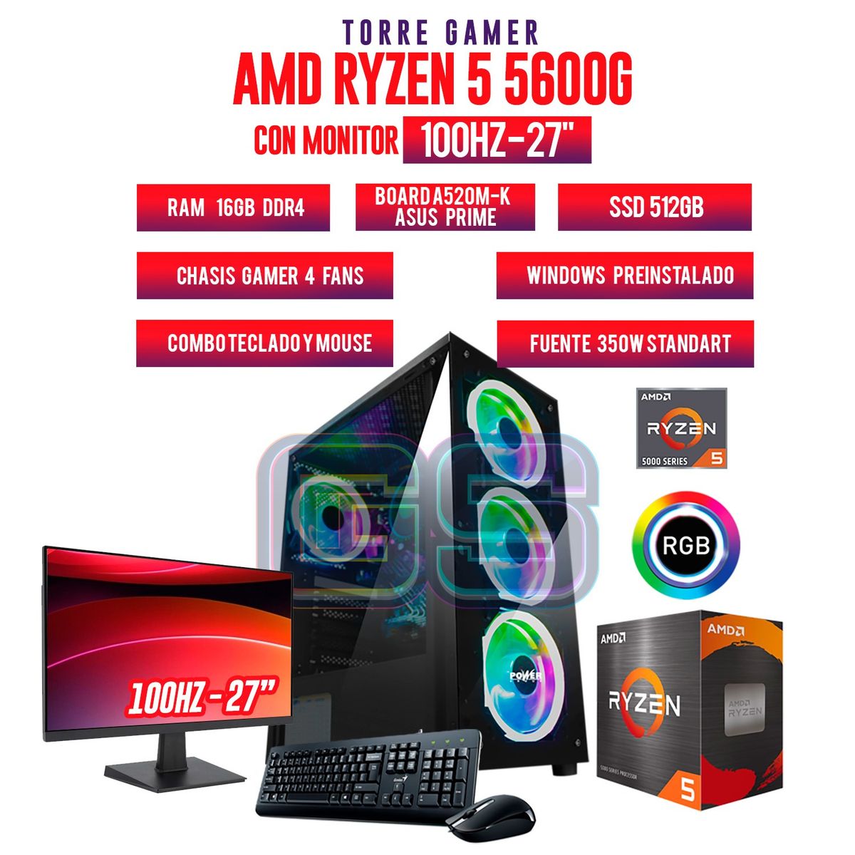 AMD - PC GAMER R5 5600G 16GB RAM SSD 512GB  MONITOR 27" 100Hz FHD - 700W 80+ Brz + Combo teclado Mouse