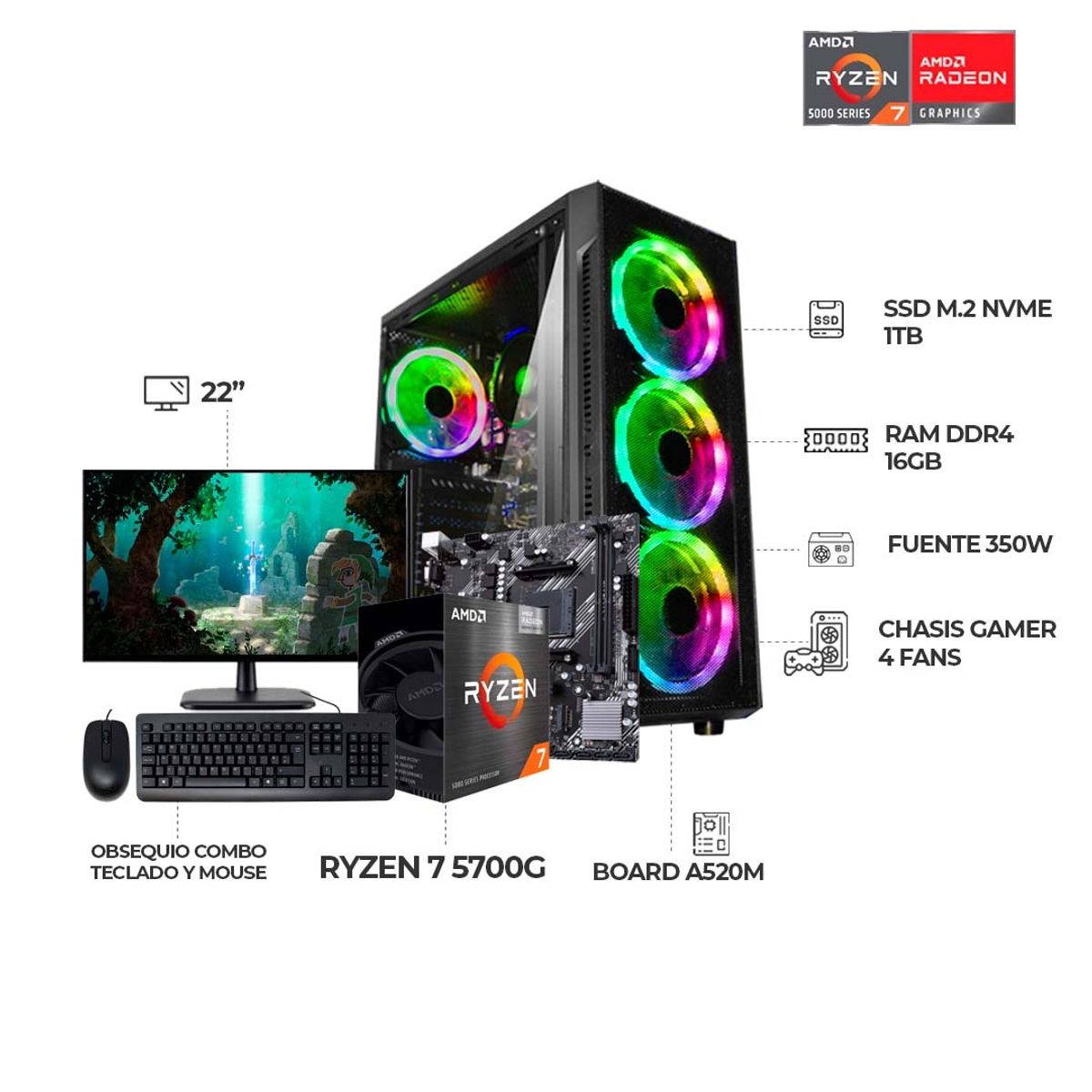 AMD - COMPUTADOR GAMER RYZEN 7 5700G+ MONITOR 22" FHD- BOARD A520 - RAM 16GB - SSD 1TB