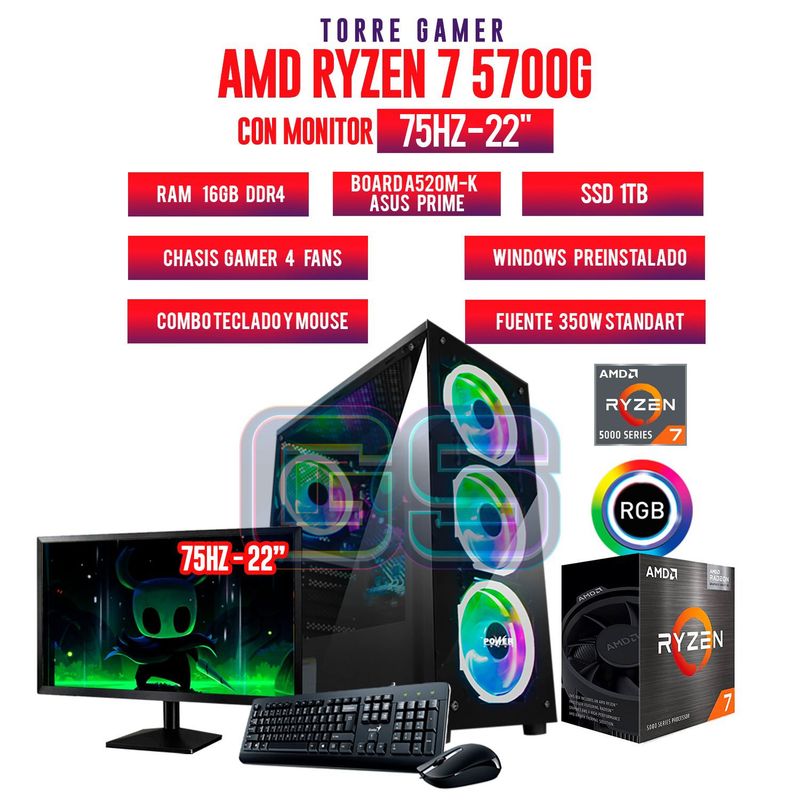 AMD - Pc Gamer Ryzen 7 5700G 16GB RAM  SSD 1TB Board A520 MONITOR 22 FHD 75HZ