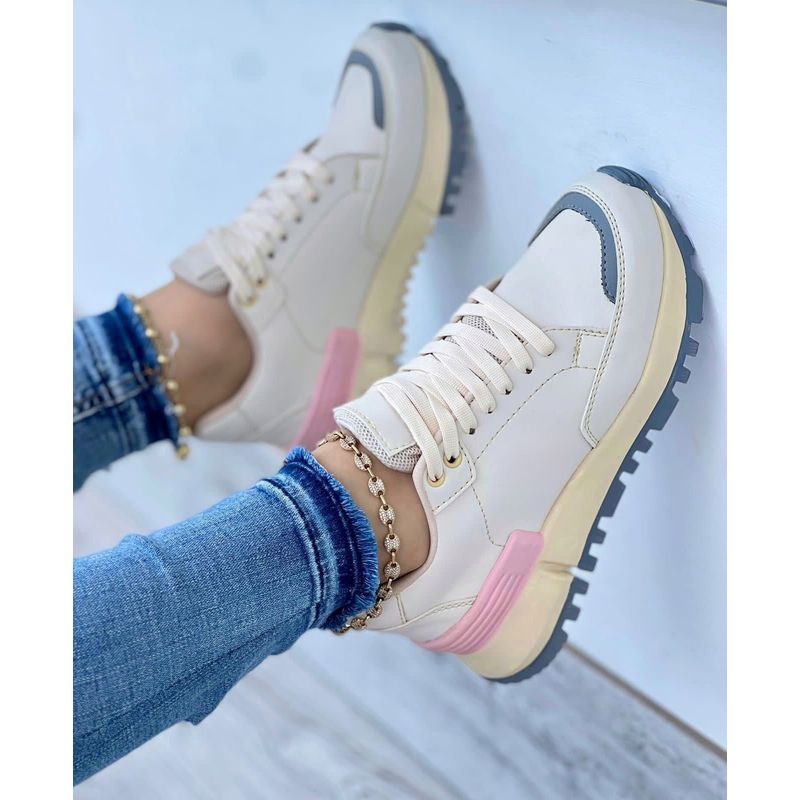 GENERICO - Tenis Beige Azul Dama Zapatillas Zapatos Mujer Lindos Moda Casual