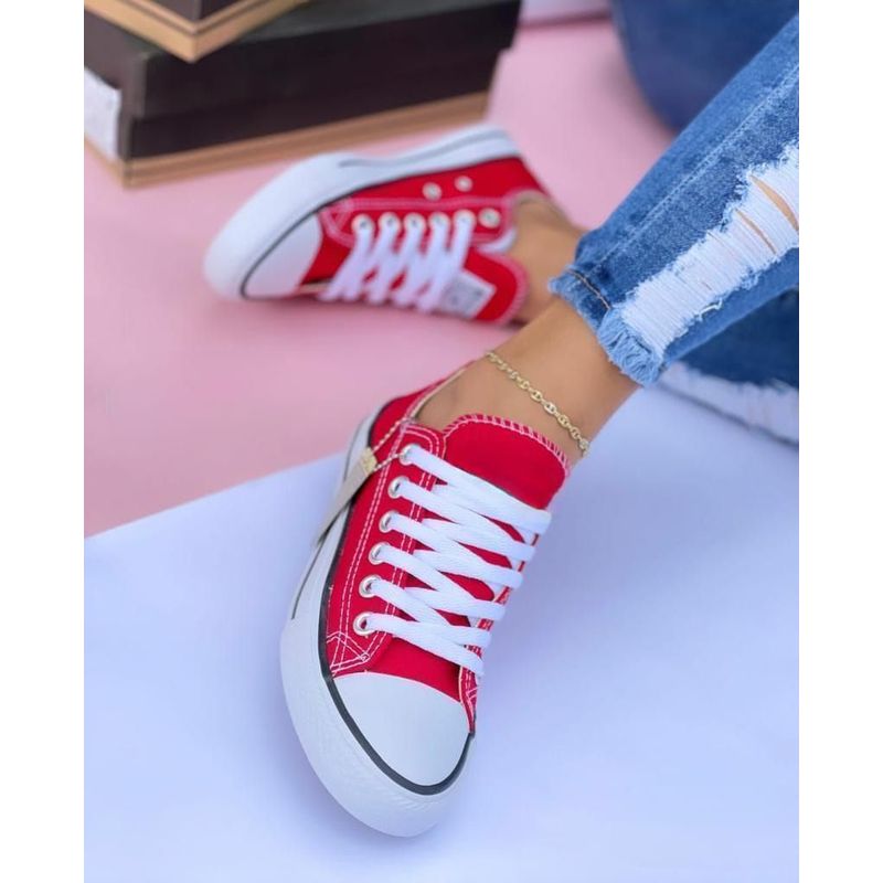 GENERICO - Tenis Dama Lona Zapatillas Tela Clásico Mujer Original-Rojo