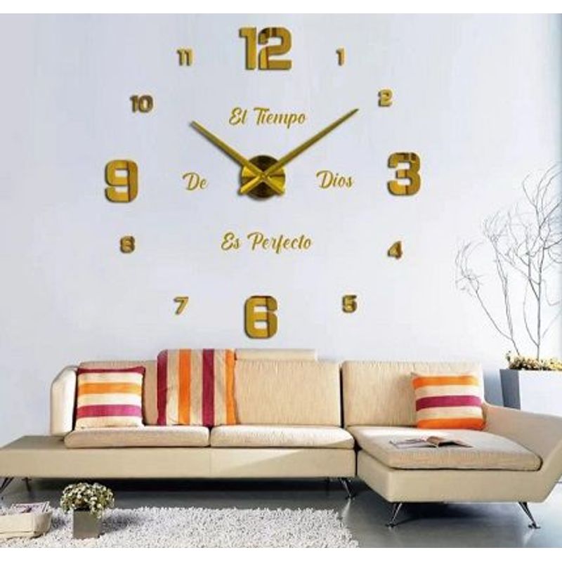 GENERICO - RELOJ DE PARED 3D TAMAÑO 100X100CM + FRASE EN VINILO COLOR DORADO