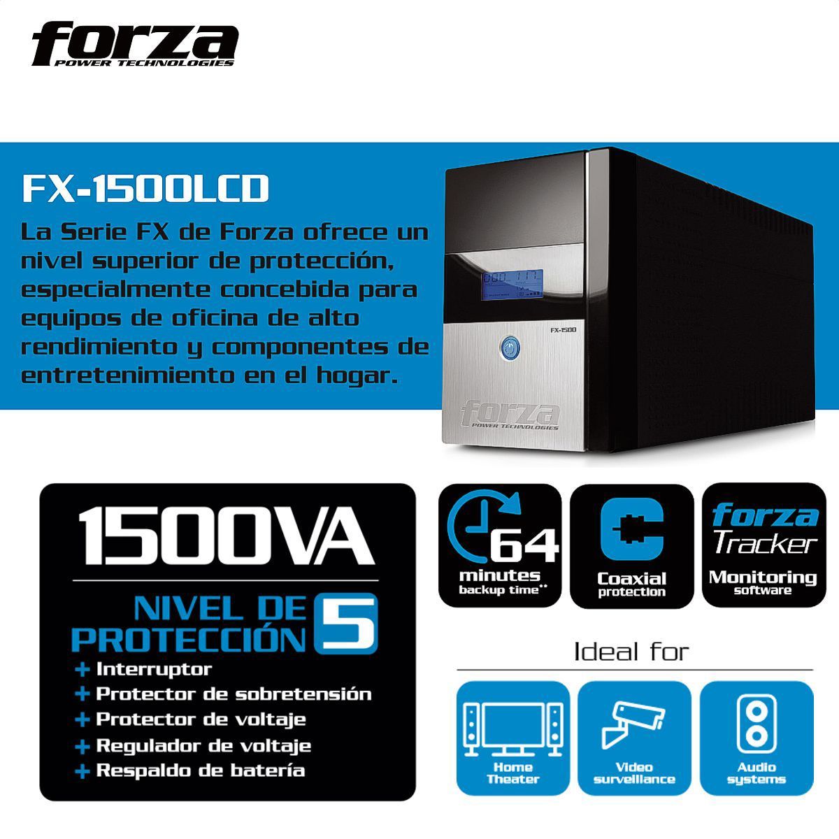 FORZA - Ups Interactiva Forza FX-1500LCD, 1500VA 840W 8 Tomas 64min