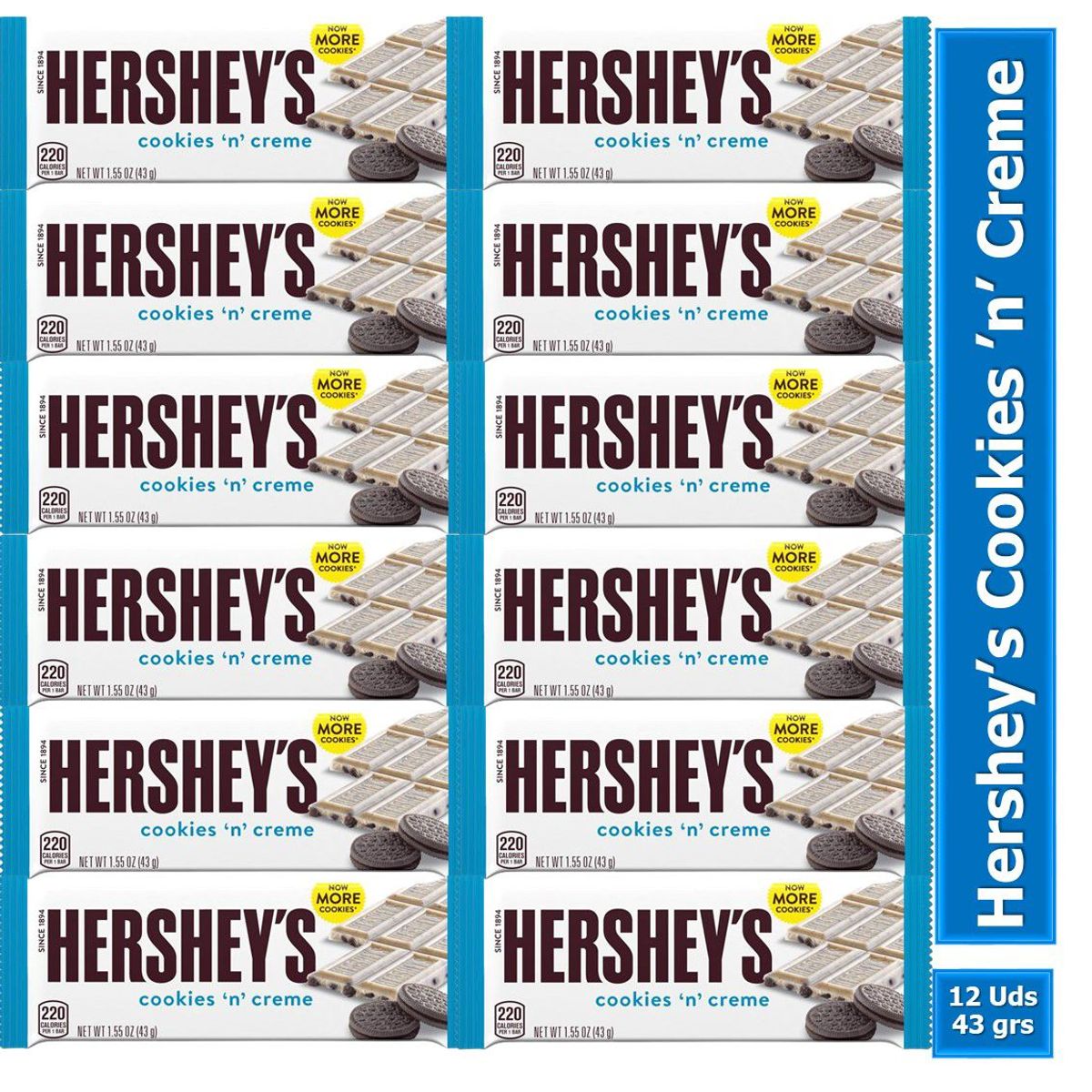 GENERICO - Chocolatina Hersheys Cookies and Cream 43gr X 12 Uds