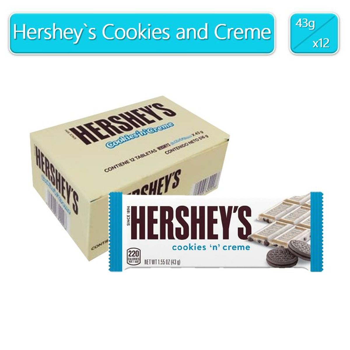 GENERICO - Chocolatina Hersheys Cookies and Cream 43gr X 12 Uds