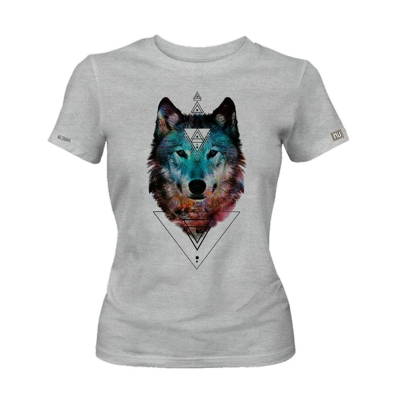 CREACIONES NU CROWN - Camiseta Dama Lobo Triangulo mujer Gris Original Nu Crown