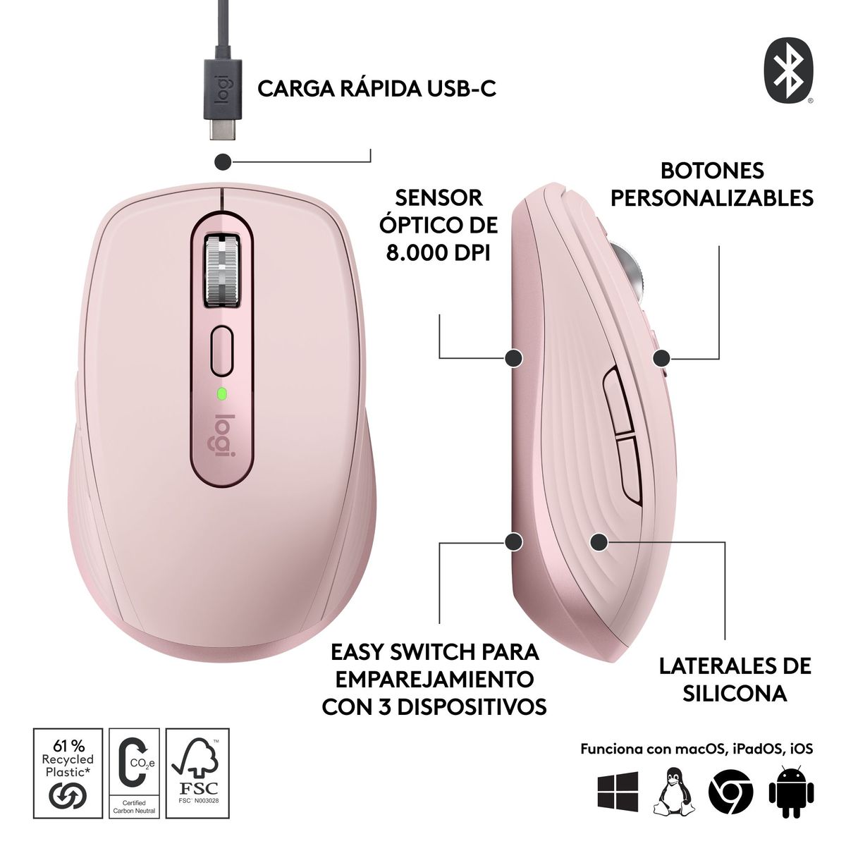 LOGITECH - Logitech Mx Anywhere 3s Mouse Compacto  Usuarios Avanzados Rosado