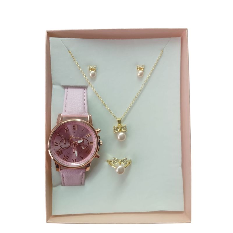 VANIDADES COLLECTIONS - Set Reloj Para Mujer Lazos Rosa Con Collar Aretes Reloj