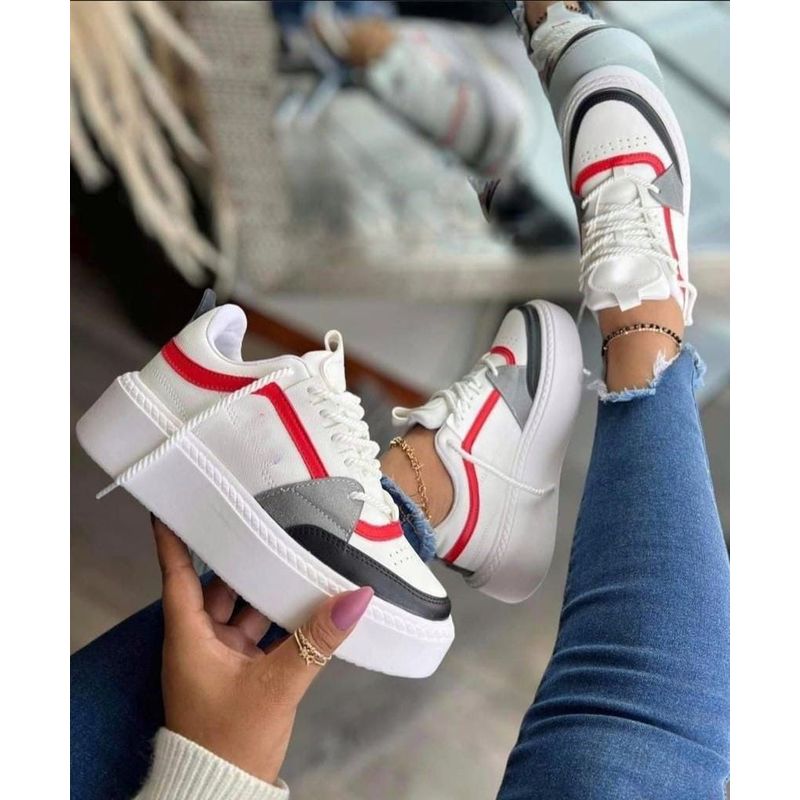 GENERICO - Tenis Blanco Rojo Dama Zapatillas Zapatos Mujer Lindos Moda Casual_.